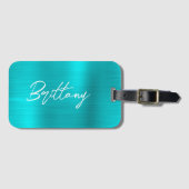 ターコイズブルーフォイルモダンブラシスクリプト名 ラゲッジタグ (正面横)