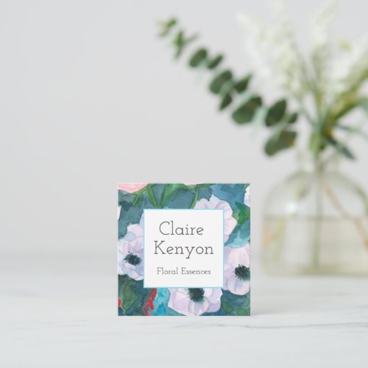 ターコイズブルーフラワーウォーターカラーフローリスト スクエア名刺 (スタンド正面)