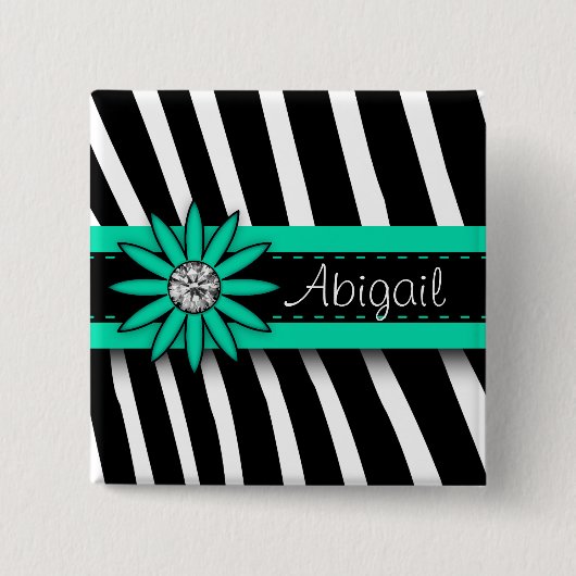 ターコイズブルーフローラジェム&ゼブラパターン 缶バッジ (正面)