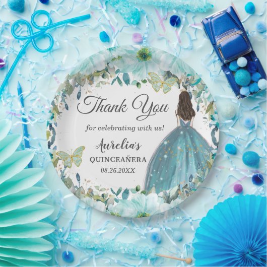 ターコイズブルーフローラ蝶金ゴールドプリンセス ペーパープレート (パーティー)