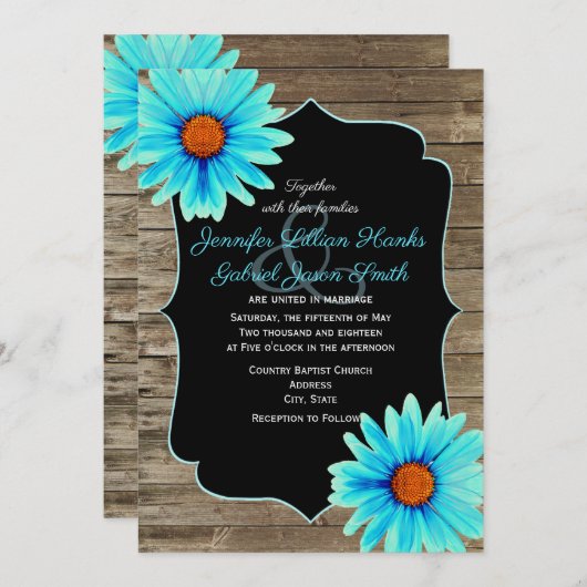 ターコイズブルーフローラ、黒板ウッド結婚ズ 招待状 (正面/裏面)