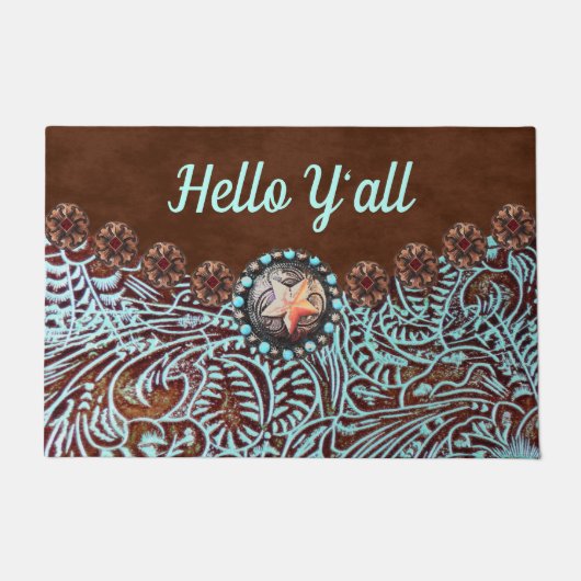ターコイズブルーブラウンウエスタンカウボーイハローヤール ドアマット (正面)
