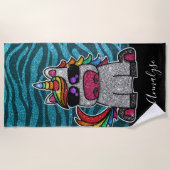 ターコイズブルーブラックグリッターレインボーユニコーンゼブラ ビーチタオル (正面)