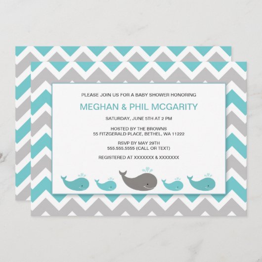 ターコイズブルーホエールボーイ赤ちゃんシャワー招待状 招待状 (正面/裏面)
