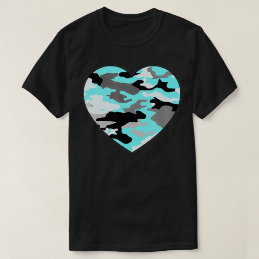 ターコイズブルーホワイトグレー迷彩柄ハート Tシャツ (デザイン正面)