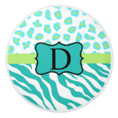 ターコイズブルーホワイトゼブラヒョウ皮モノグラム セラミックノブ (正面)