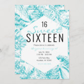 ターコイズブルーホワイトトロピカルパーム葉ズスウィート16 招待状 (正面/裏面)