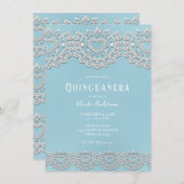ターコイズブルーホワイトレースハートキンセアニラパーティー 招待状 (正面/裏面)