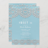 ターコイズブルーホワイトレースハートスウィート16 招待状 (正面/裏面)