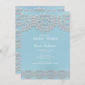 ターコイズブルーホワイトレースハートブライダルシャワー 招待状 (正面/裏面)