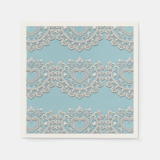 ターコイズブルーホワイトレース結婚ハートブライダル スタンダードカクテルナプキン (正面)
