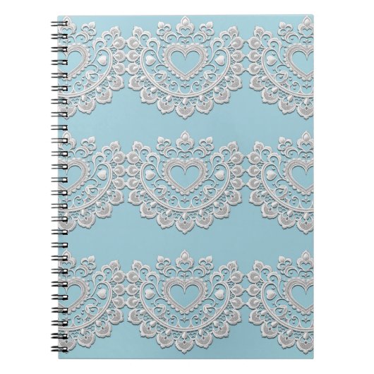 ターコイズブルーホワイトレース結婚ハートブライダル ノートブック (正面)