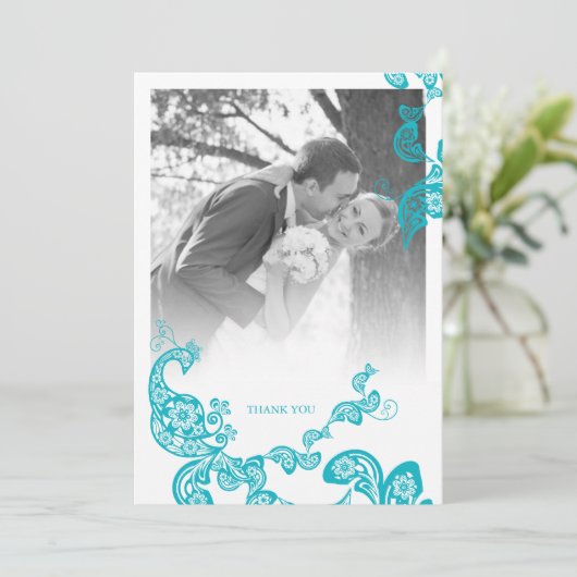 ターコイズブルーボホペイズリーピーコックフォト結婚ズ サンキューカード (スタンド正面)