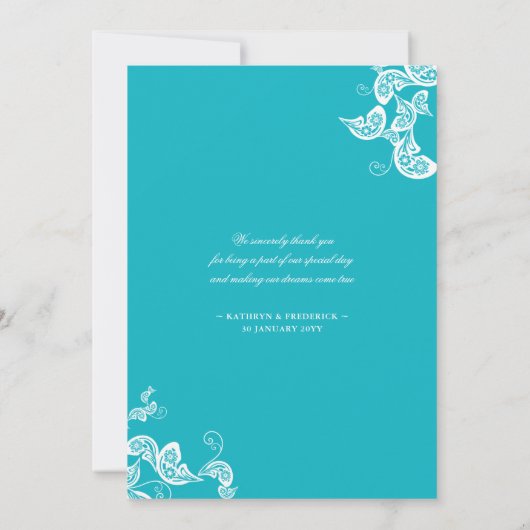 ターコイズブルーボホペイズリーピーコックフォト結婚ズ サンキューカード (裏面)