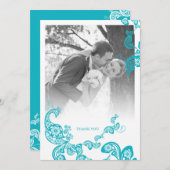 ターコイズブルーボホペイズリーピーコックフォト結婚ズ サンキューカード (正面/裏面)