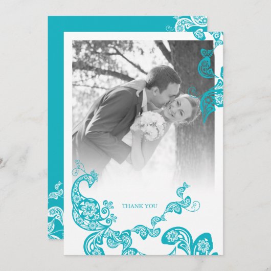 ターコイズブルーボホペイズリーピーコックフォト結婚ズ サンキューカード (正面/裏面)