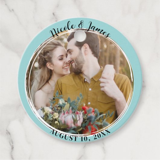 ターコイズブルーミニマルトレンディーラウンドフォト結婚ズ フェイバータグ (正面)