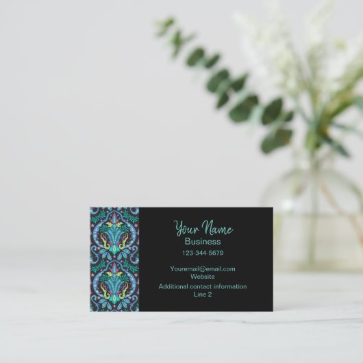 ターコイズブルーモダンダマスクアートグラフィックフローラ 名刺 (スタンド正面)
