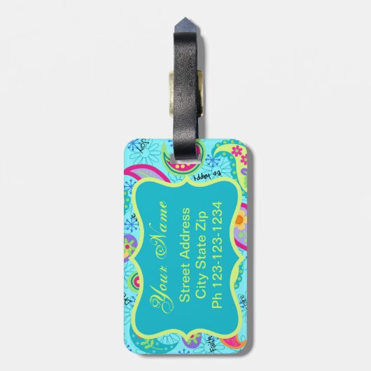 ターコイズブルーモダンペイズリーパターンモノグラム ラゲッジタグ (裏面縦)