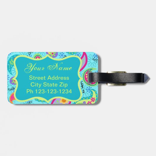 ターコイズブルーモダンペイズリーパターンモノグラム ラゲッジタグ (裏面横)