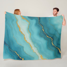 ターコイズブルーモダン金ゴールドマーブルコレクション フリースブランケット