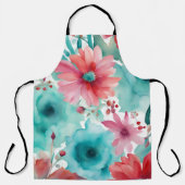ターコイズブルーレッドウォーターカラー春の花 エプロン (正面)