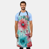 ターコイズブルーレッドウォーターカラー春の花 エプロン (着用した状態)