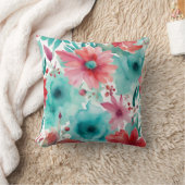 ターコイズブルーレッドウォーターカラー春の花 クッション (ブランケット)