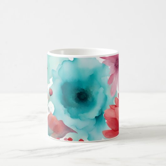 ターコイズブルーレッドウォーターカラー春の花 コーヒーマグカップ (中央)