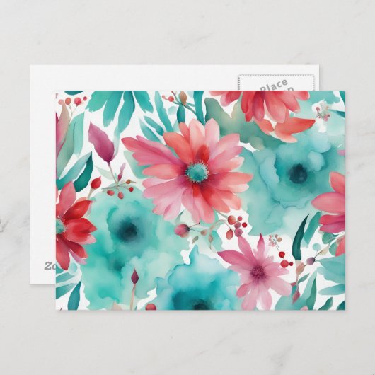 ターコイズブルーレッドウォーターカラー春の花 ポストカード (正面/裏面)