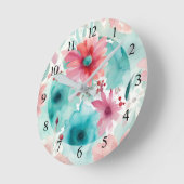ターコイズブルーレッドウォーターカラー春の花 ラウンド壁時計 (傾斜)