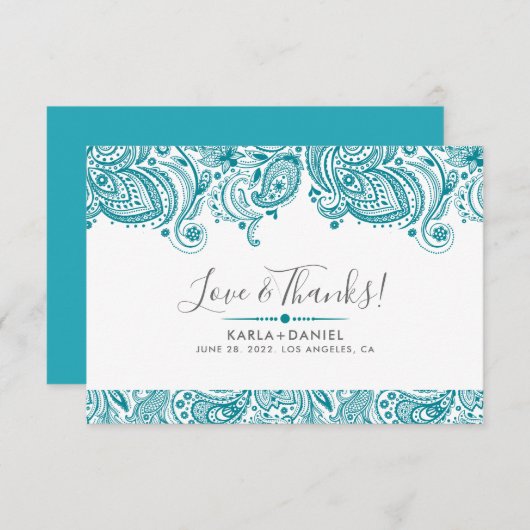 ターコイズブルーヴィンテージペイズリー サンキューカード (正面/裏面)