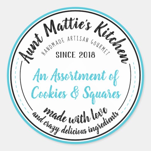 ターコイズブルーヴィンテージ手作りグルメ食品ラベル ラウンドシール (正面)