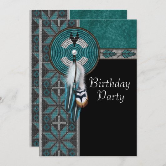 ターコイズブルー先住民アメリカンバースデーパーティー 招待状 (正面/裏面)