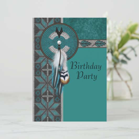 ターコイズブルー先住民アメリカンバースデーパーティー 招待状 (スタンド正面)
