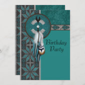 ターコイズブルー先住民アメリカンバースデーパーティー 招待状 (正面/裏面)