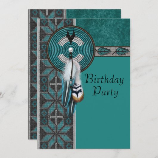 ターコイズブルー先住民アメリカンバースデーパーティー 招待状 (正面/裏面)
