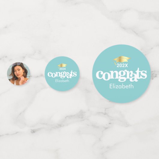 ターコイズブルー卒業3フォトはっきりしたタイポグラフィ コンフェッティ (正面)