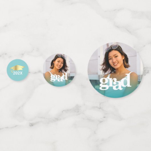 ターコイズブルー卒業3フォトはっきりしたタイポグラフィ コンフェッティ (裏面)