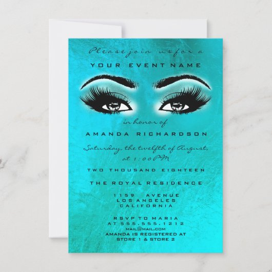 ターコイズブルー海メイクアップグリッターブライダルシャワー 招待状 (正面)