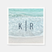 ターコイズブルー海モノグラム結婚ズナプキンス スタンダードカクテルナプキン (正面)