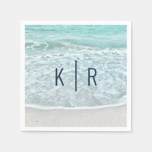 ターコイズブルー海モノグラム結婚ズナプキンス スタンダードカクテルナプキン (正面)