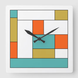 ターコイズブルー金ゴールドオレンジカラーブロック中モダン央 スクエア壁時計