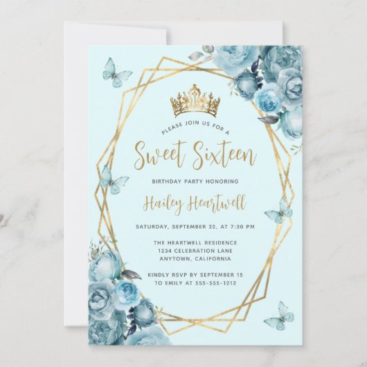 ターコイズブルー金ゴールド幾何学的フローラスウィート16 招待状 (正面)