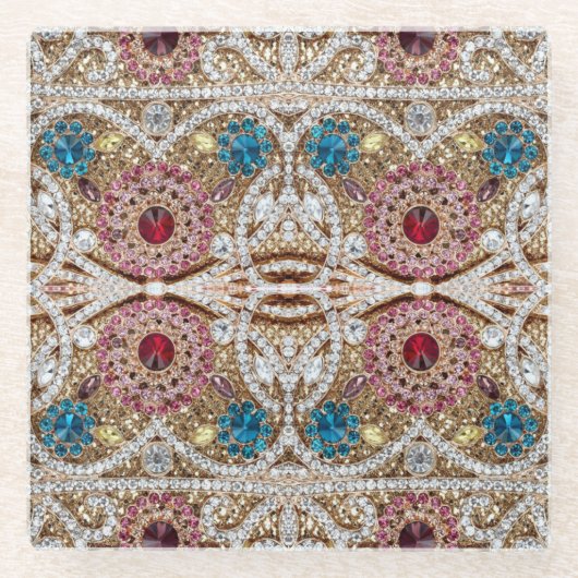 ターコイズブルー銀金ゴールドブルゴーニュのピンクボヘミア ガラスコースター (正面)