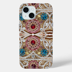 ターコイズブルー銀金ゴールドブルゴーニュのピンクボヘミア iPhone 15ケース