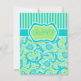 ターコイズブルー、アップルグリーン、ホワイトのストライプが入ったダマスクの返信カード 招待状
