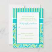 ターコイズブルー、アップルグリーン、ホワイトのストライプが入ったダマスクの返信カード 招待状 (裏面)