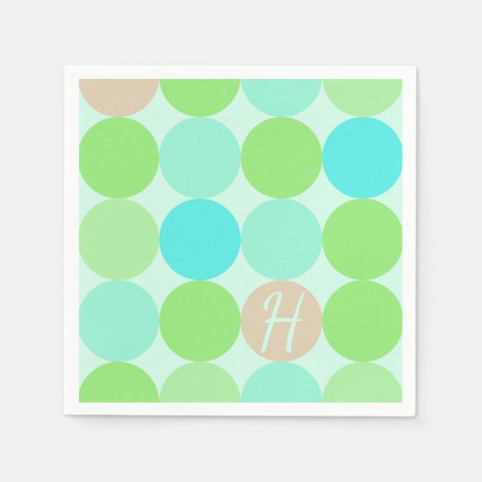 ターコイズブルー、アップルグリーン&ライトコーラルサークル スタンダードカクテルナプキン (正面)