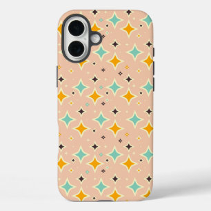 ターコイズブルー、オレンジ、ブラックのレトロ幾何学模様 iPhone 16 PLUSケース